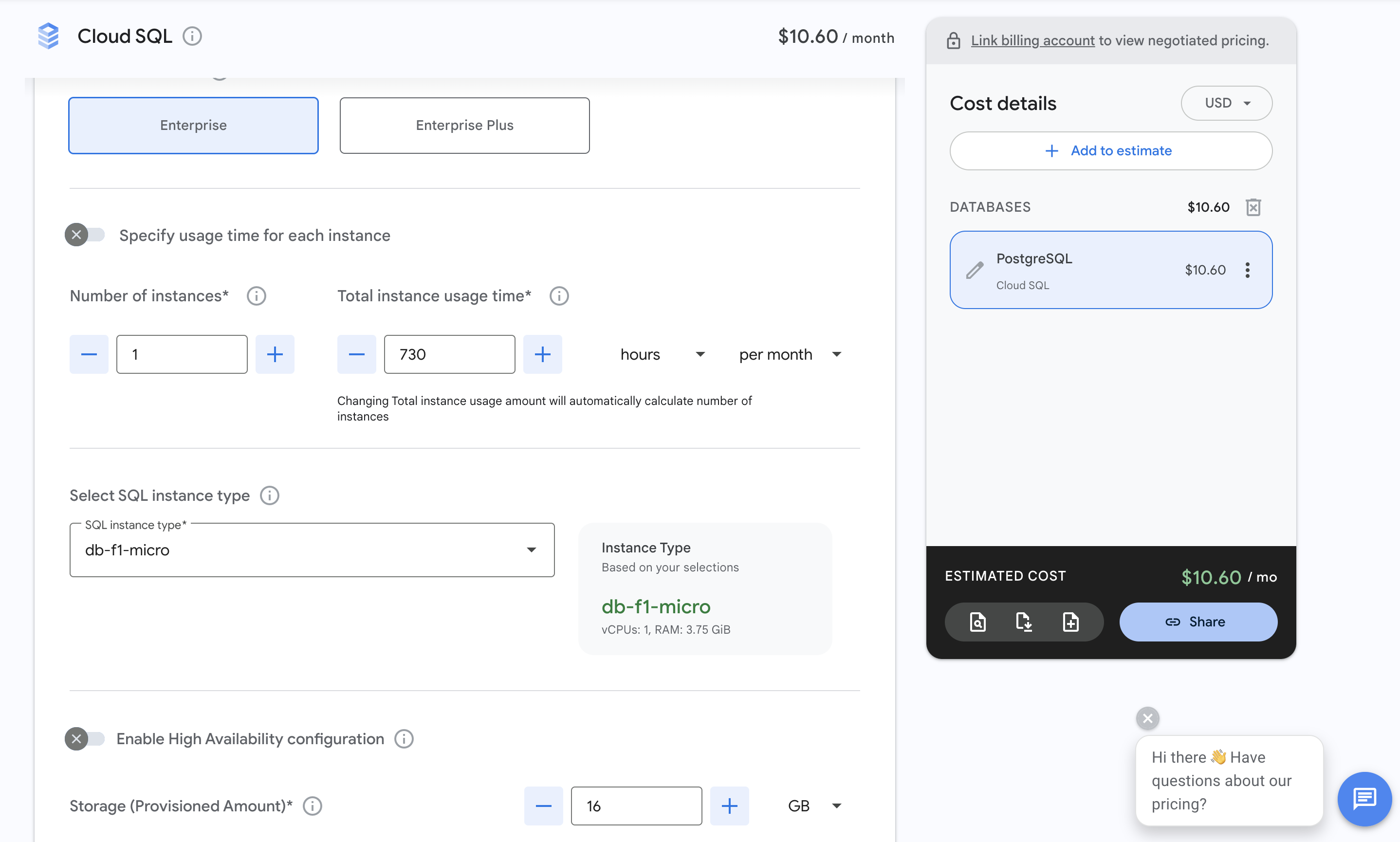 Google pricing calculator